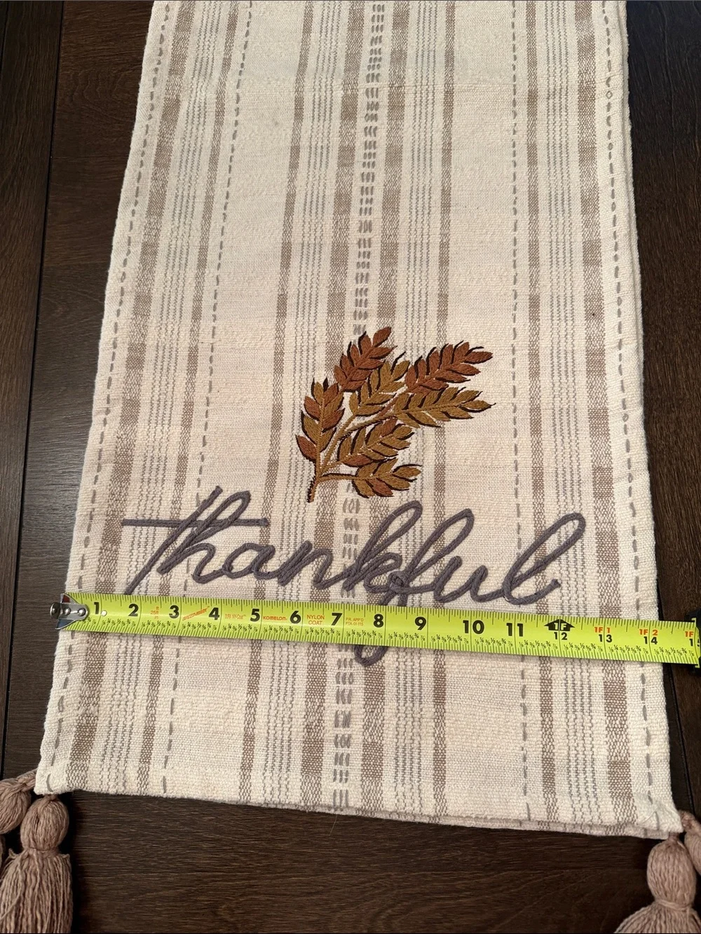 Thankful Beige Plaid Table Runner with Tassels